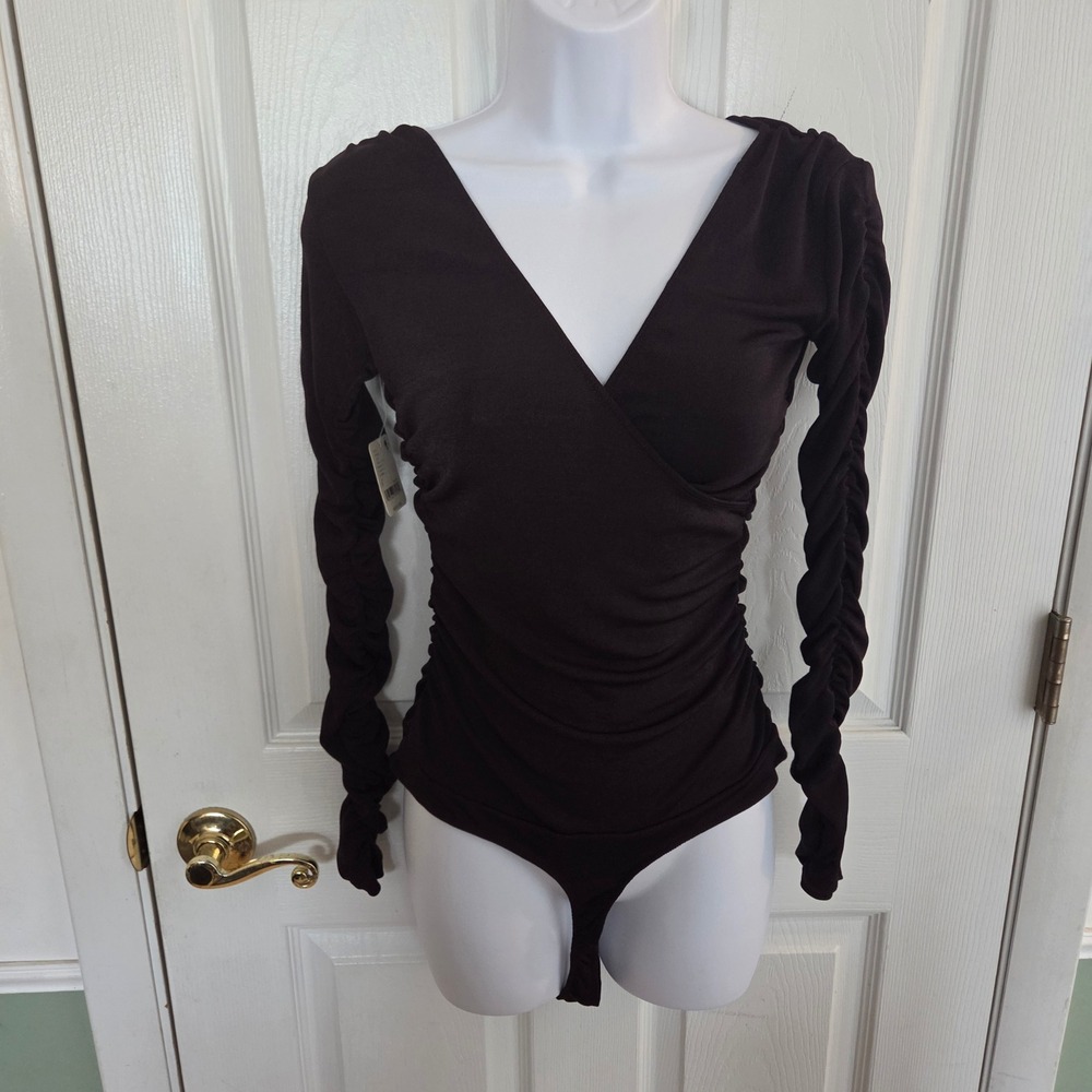 Free People Intimately NWT Hot Fudge Brown Ruched Sleeve Wrap Bodysuit Small